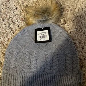 Gray Knit Beanie with Faux Fur Pom